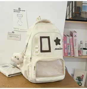 Sac à dos beige mignon style campus avec grande poche transparente et pendentif ours.