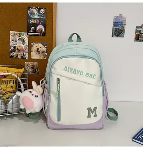 Farbblock großer Kapazität Schüler Schulrucksack mit süßem Plüschhasen Anhänger.