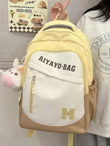 Mode Kontrastfarbe Nylon Schulrucksack Große Kapazität Atmungsaktiv Verschleißfest Buchstabe Drucken Schultasche Für Schüler Unisex Reiserucksack