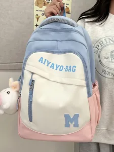 Farbblockierter großer Schulrucksack mit Fronttasche und süßem Hasenanhänger für Alltag.