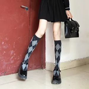 Black and white argyle JK style mid-calf socks, preppy college look for daily wear.