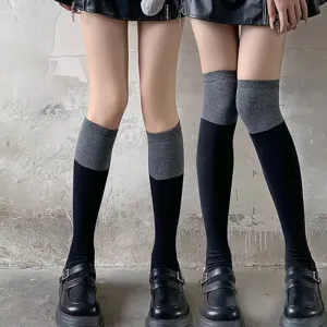 Japanese JK College Style Black Gray Patchwork Over The Knee Socks Women Spring Autumn Cotton Blend Hosiery