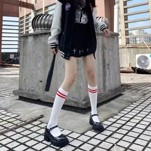 Classic white knee-high socks with red stripes, perfect for Japanese JK style outfits.