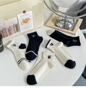 Women's thin short socks black white camellia heart trendy fashion college style detail
