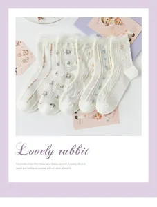 Chaussettes mi-mollet blanches pour femmes, broderie florale douce et bord en dentelle Lolita.