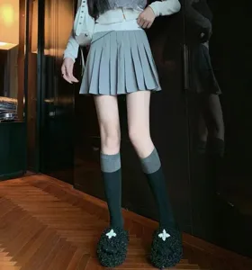 Japanese JK style color block calf socks for women, black and grey contrast college style hosiery.