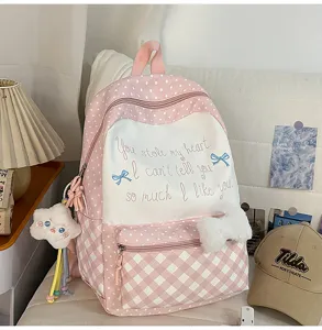 Japanischer Stil süßer rosa gepunkteter karierter Schulrucksack für Mädchen groß
