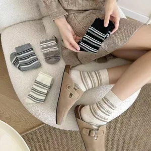 Maillard style striped mid-tube socks for women, cozy autumn winter casual knit hosiery.