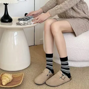 Autumn new striped mid-calf socks for women, cozy Maillard style trendy knit hosiery.