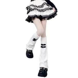 White Y2K JK knitted leg warmers with heart metal buckles and lace skirt subculture style.