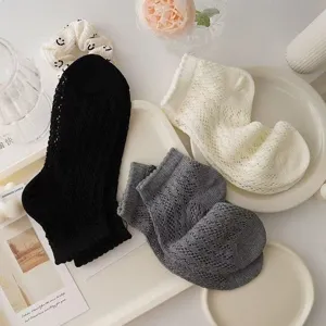 Detail view of women summer breathable mesh short socks, sweet hollow lace design, soft fabric.