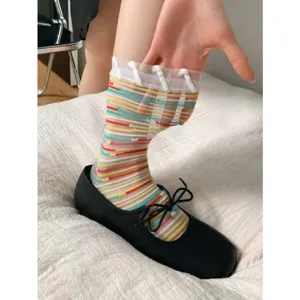 Detailed view of women transparent mesh mid tube socks featuring vibrant dopamine colorful stripes.
