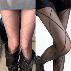 Glitter diamond pattern sheer pantyhose, shiny metallic stripe tights for women detail view