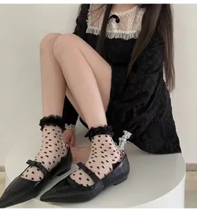 Calcetines de lunares transparentes con volantes de encaje estilo dulce japonés mujer