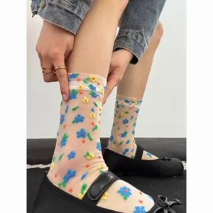 Transparent floral mesh mid-calf socks detail, showcasing colorful embroidered sweet style.