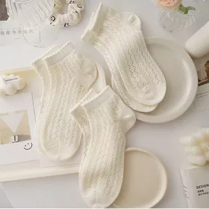 White lace mesh short socks for women, breathable summer ankle socks with cute ruffles.