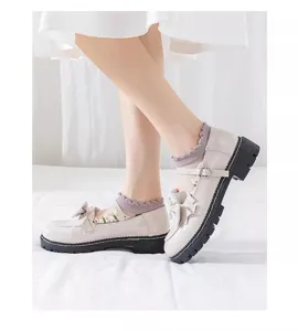 Mori girl floral lace crystal short socks paired with cute platform Mary Jane shoes for women.