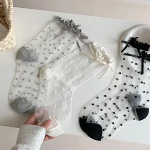 Sheer glass silk socks detail, sweet bow and polka dot design, delicate bubble cuff texture.