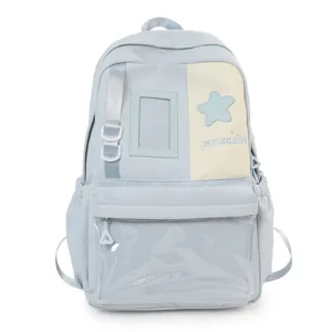 Japanese Harajuku style student backpack detail, large capacity casual school book bag light blue