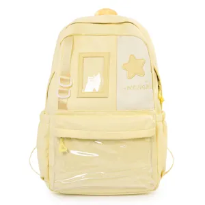 Light yellow student backpack featuring a clear front pocket and star patch for daily school use.