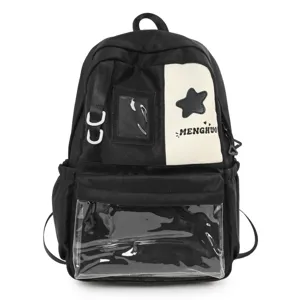 Japanese Harajuku style large capacity black backpack with transparent front pocket.