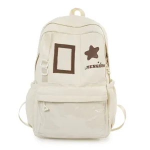 Japanese Harajuku style canvas backpack with clear front pocket, large capacity school bag.