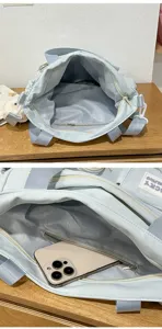 Borsa tote in tela da studente azzurro dettaglio, vista interna borsa a tracolla.