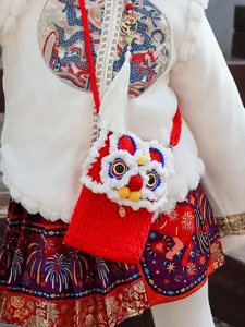 Cute Cartoon Chinese Awakening Lion Hand Crocheted Yarn Crossbody Bag Mini Phone Pouch With Metal Charm For Kids Everyday Travel