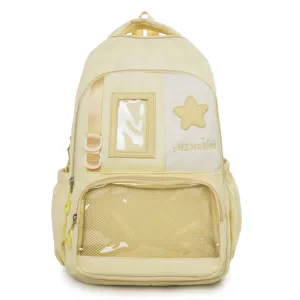 Charmant sac à dos scolaire jaune avec fenêtre transparente idéal pour les étudiants.