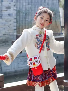 Cute winter kids knitted lion dance crossbody phone bag, soft plush messenger bag for girls.