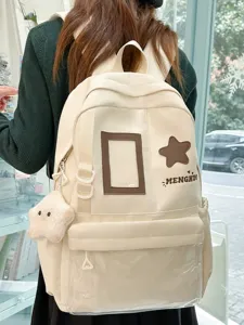 Japanese Style Sweet Color Block Nylon School Backpack With Clear Pocket Large Capacity Wear Resistant Bookbag For Students Women