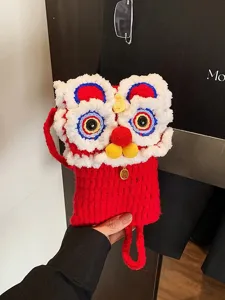 Cute lion dance knit children phone bag crossbody cute winter red knit bag main view