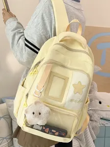 Joli sac à dos scolaire en toile jaune clair avec une poche avant transparente pour les étudiants.