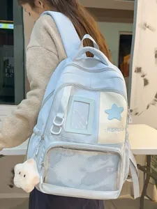 Sac à dos d'étudiant bleu clair de style japonais avec poche avant transparente et étoile.