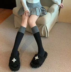 Japanese JK color-blocked calf socks, black and grey splicing knee high socks, detailed view.