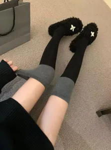 Knit high tube socks black grey patchwork Japanese style over knee socks detail view
