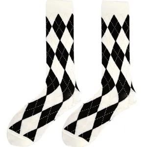 Black and white argyle mid-calf socks for women, classic retro British preppy style knee high hosiery.