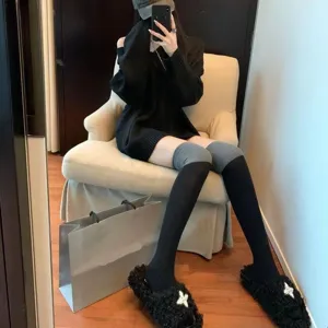 Japanese JK style color-block over-the-knee socks for women, black and grey trendy long socks.