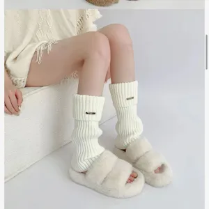 Women Winter Loose Knitted Leg Warmers Japanese Slouch Socks With Metal Tag Warm Boot Cuffs Fashion Accessories
