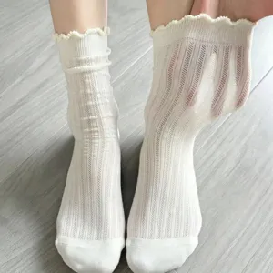 White ruffle mesh sheer socks, breathable summer student mid-tube JK slouch socks for women.