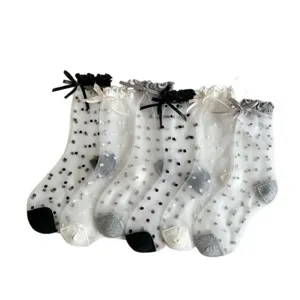 Women summer thin sheer glass silk socks sweet bow polka dot cute Japanese style hosiery