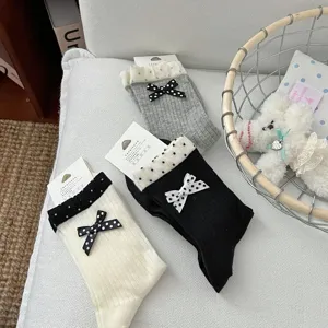 Korean style cute polka dot bow mid-tube socks breathable cotton slouch socks for women