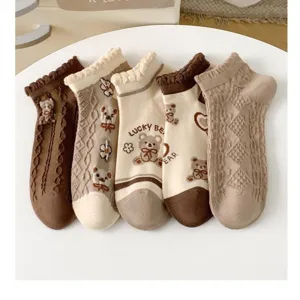 Cute bear brown short socks sweet lace ankle socks Japanese casual hosiery women