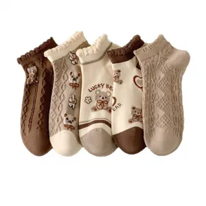 Cute brown bear print women short socks Japanese sweet ruffle low-cut boat socks