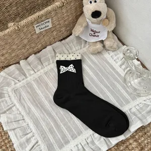 Korean style bow polka dot mid-tube socks, double-layer ribbed breathable cotton socks for women.
