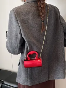 Mini Cylindrical Handbag For Women Shiny Acrylic Mirror Metallic Crossbody Bag With Heart Handle And Chain Evening Bag