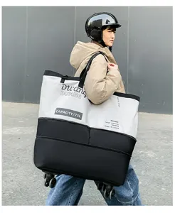 Large capacity rolling tote bag, color-block travel gym bag with wheels and shoulder straps.