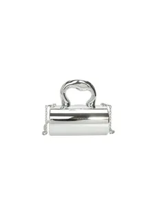 Silver shiny pvc cylinder handbag mini crossbody bag with unique handle and chain straps.