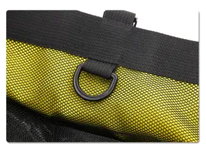 Outdoor travel fitness bag detail featuring durable black webbing, D-ring and yellow mesh.