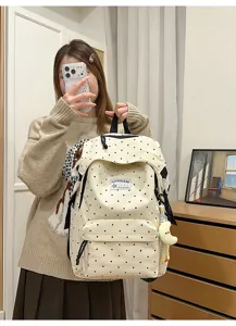 Japanischer süßer Polka Dot Canvas Rucksack für Mädchen, lässige modische Schultasche.